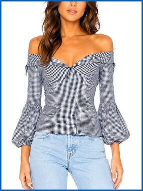 Bailey 44 Blue Gingham Plaid Off the Shoulder Blue Top